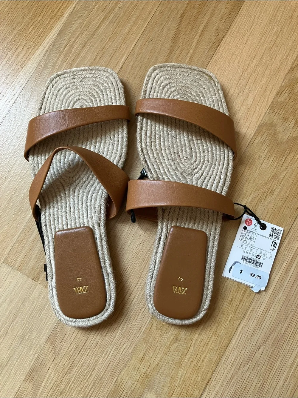 Zara NWT Tan Leather Double-Strap Espadrille Slide Sandals